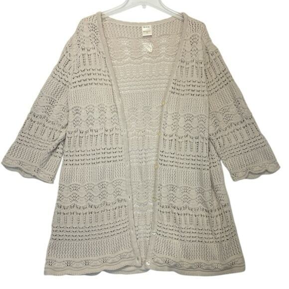 Crochet Knit Cardigan Sweater V-neck button down tan cream Size XL women’s Blair - Picture 1 of 10